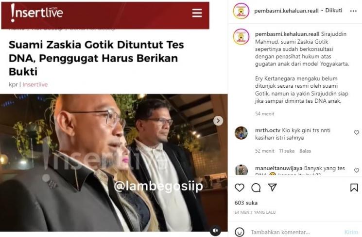 Suami Zaskia Gotik, Sirajuddin Mahmud, dikabarkan mau tes DNA. (Instagram/@pembasmi.kehaluan.reall)