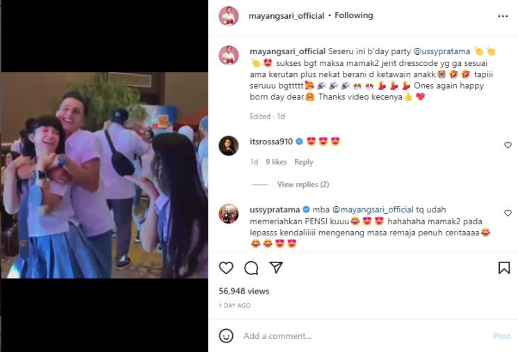 Mayangsari pakai seragam anak SMA di pesta ultah Ussy Sulistiawaty. (Instagram/mayangsari_official)