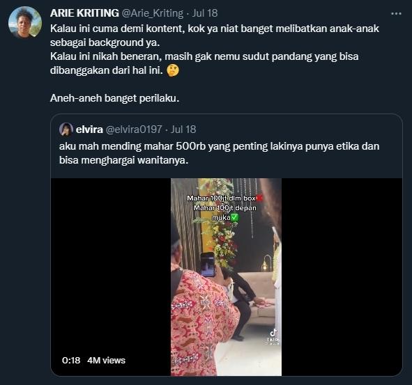 Arie Kriting ikut komentari pria yang melemparkan uang mahar di pernikahannya. (Twitter)