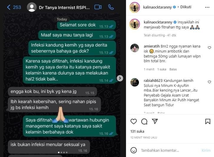 Kalina Oktarani Bantah Punya Penyakit Kelamin. (Instagram/kalinaocktaranny)