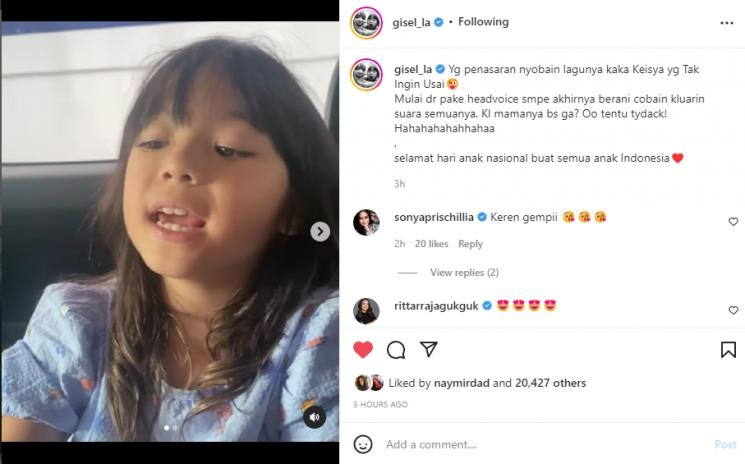 Gempi cover lagu Keisya Levronka "Tak Ingin Usai". (Instagram/gisel_la)