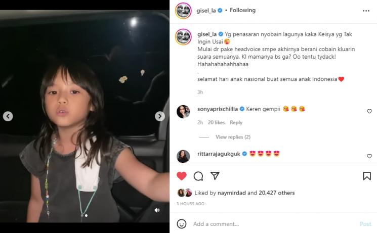 Gempi cover lagu Keisya Levronka "Tak Ingin Usai". (Instagram/gisel_la)