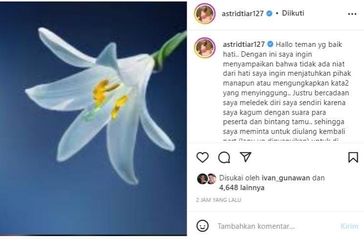 Astrid Tiar minta maaf usai dinilai ledek Keisya Levronka. (Instagram/@astridtiar127)