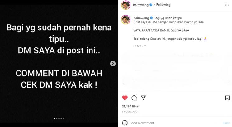 Baim Wong membantu korban penipuan. (Instagram/baimwong)