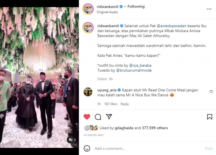 Ridwan Kamil datang ke pernikahan anak Anies Baswedan. (Instagram/ridwankamil)