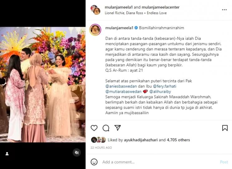 Potret Artis Hadiri Resepsi Mutiara Baswedan (instagram/@mulanjameela1)