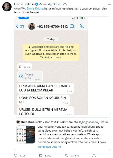 Cuitan Terbaru Ernest Terkait Kominfo (Twitter/@ernestprakasa)