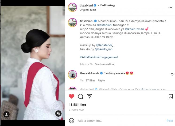 Tissa Biani tulis pesan manis untuk kakaknya yang baru saja bertunangan. (Instagram/tissabiani)