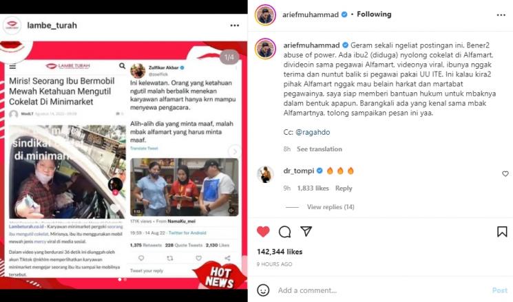 Arief Muhammad geram lihat ibu-ibu ngamuk usai diduga nyolong cokelat. (Instagram/ariefmuhammad)