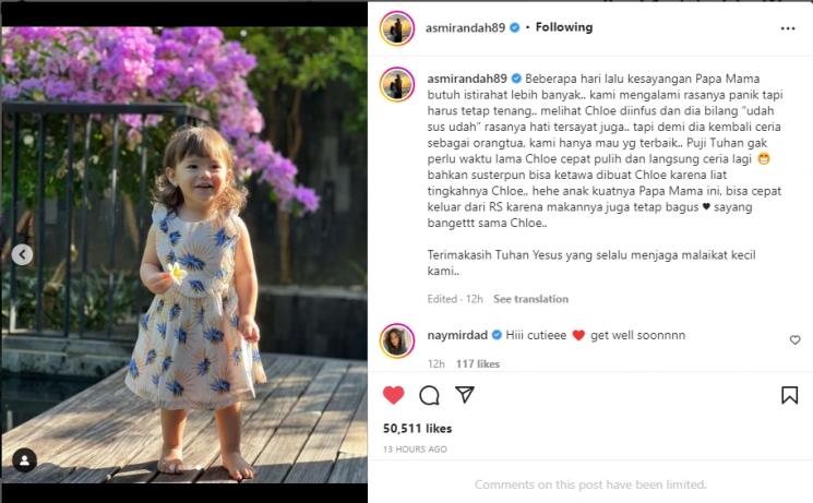 Baby Chloe anak Asmirandah dilarikan ke rumah sakit. (Instagram/asmirandah89)