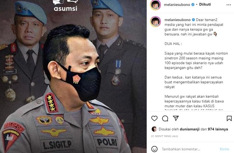 Melanie Subono ungkap alasan tak komentari kasus Ferdy Sambo. ( Instagram/@melaniesubono)
