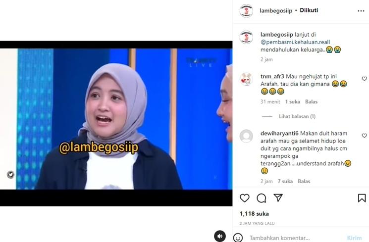 Arafah Rianti 'bela' anak koruptor. (Instagram/lambegosiip)
