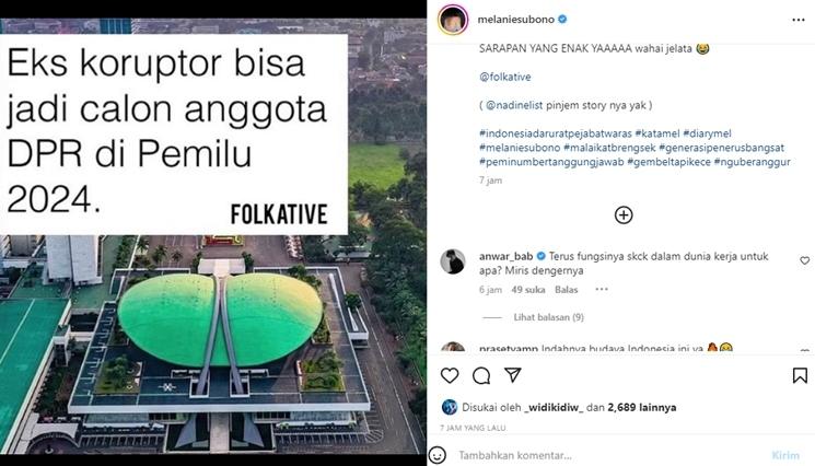 Melanie Subono kritisi kabar eks koruptor boleh jadi anggota DPR. (Instagram/@melaniesubono)