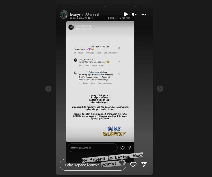 Leony pamer pembelaan dari Dea Ananda. (instagram/@leonyvh)