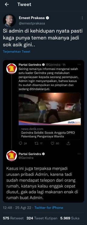 Ernest Prakasa Senggol Admin Partai Gerindra. (Twitter)