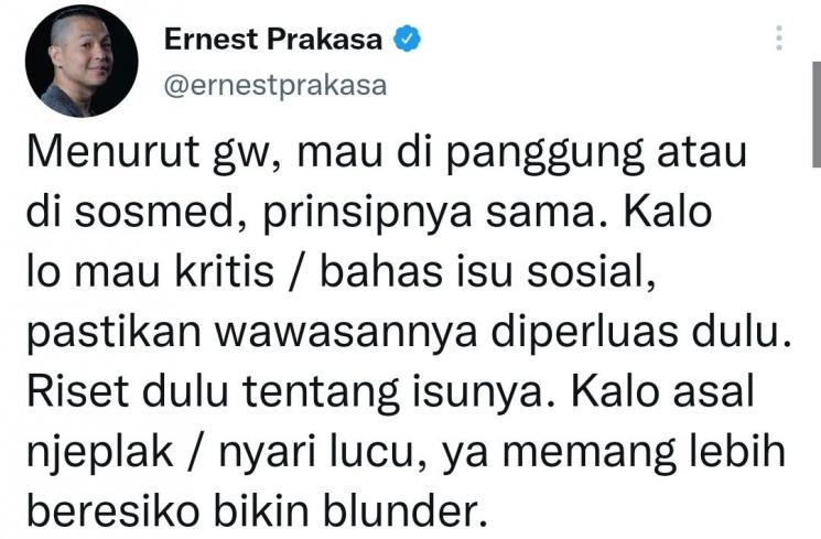 unggahan Ernest Prakasa (Twitter/@ernestprakasa)