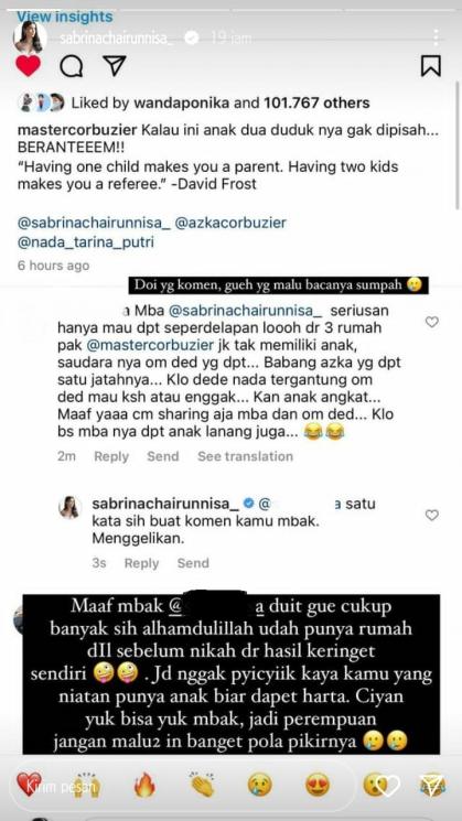Reaksi Sabrina Chairunnisa Dituding Incar Harta Deddy Corbuzier. (Instagram/sabrinachairunnisa_)