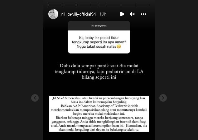 Penjelasan Nikita Willy soal posisi tidur Baby Izz (instagram/@nikitawillyofficial94)