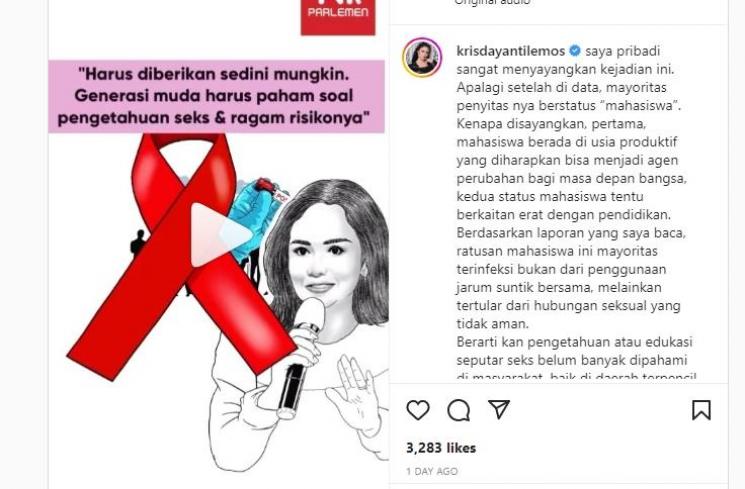 unggahan krisdayanyi ihwal tingginya angka HIV/AIDS (Instagram/@krisdayantilemos)