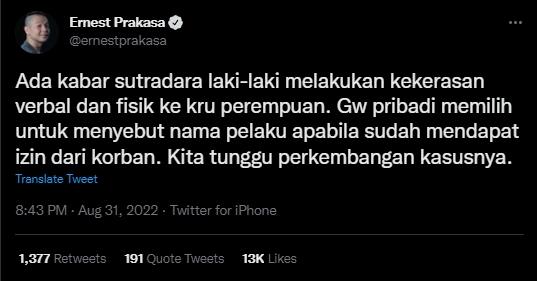Ernest Prakasa kecam sutradara yang lakukan kekerasan. (Twitter/ernestprakasa)