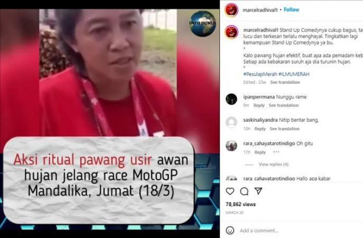 Postingan Pesulap Merah yang dipermasalahkan Mbak Rara Pawang Hujan. (Instagram/@marcelradhival1)
