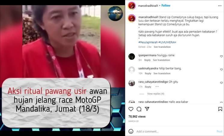 Postingan Pesulap Merah yang dipermasalahkan Mbak Rara Pawang Hujan. (Instagram/@marcelradhival1)