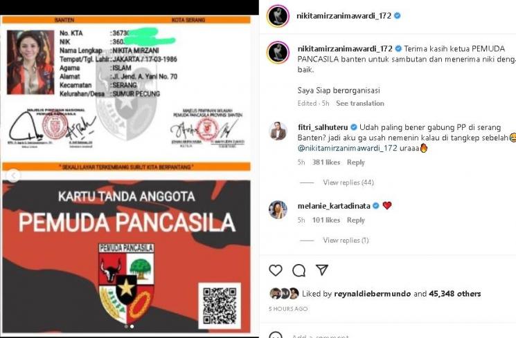 Nikita Mirzani gabung Pemuda Pancasila (instagram/@nikitamirzanimawardi_172)