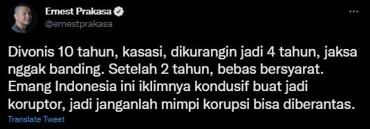 Ernest Prakasa sentil kabar Pinangki bebas bersyarat. (Twitter)