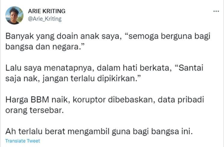 Anak Arie Kriting didoakan berguna bagi bangsa dan negara. (Twitter/@Arie_Kriting)
