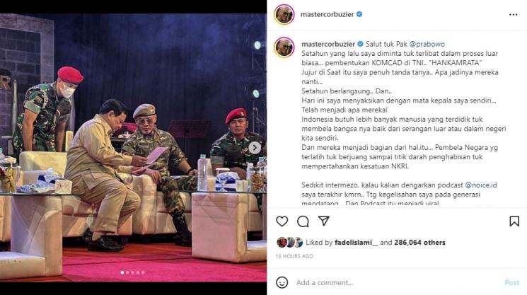 Deddy Corbuzier pakai Seragam TNI. (Instagram/mastercorbuzier)