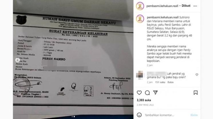 Viral bayi baru lahir diberi nama Perdi Sambo. (Instagram/@pembasmi.kehaluan.reall)