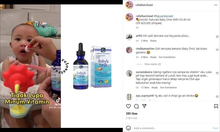 Harga vitamin Rayyanza. (Instagram/@rafatharcloset)