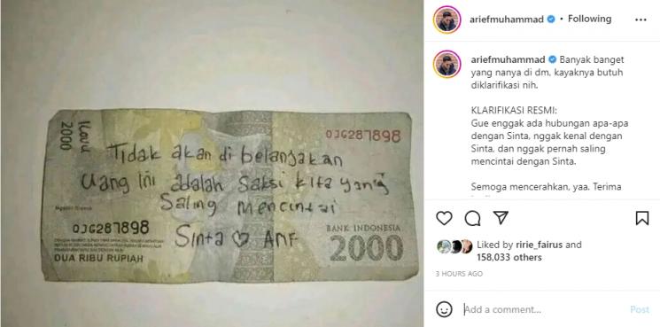 Arief Muhammad Klarifikasi Soal Perempuan Bernama Sinta. (Instagram/ariefmuhammad)
