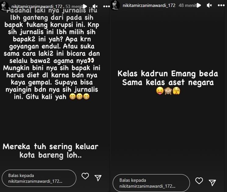 Nikita Mirzani bahas dugaan perselingkuhan jurnalis. (Instagram/@nikitamirzanimawardi_172)