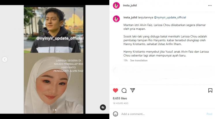 Larissa Chou dikabarkan bakal menikah dengan Rio Haryanto. (Instagram/insta_julid)