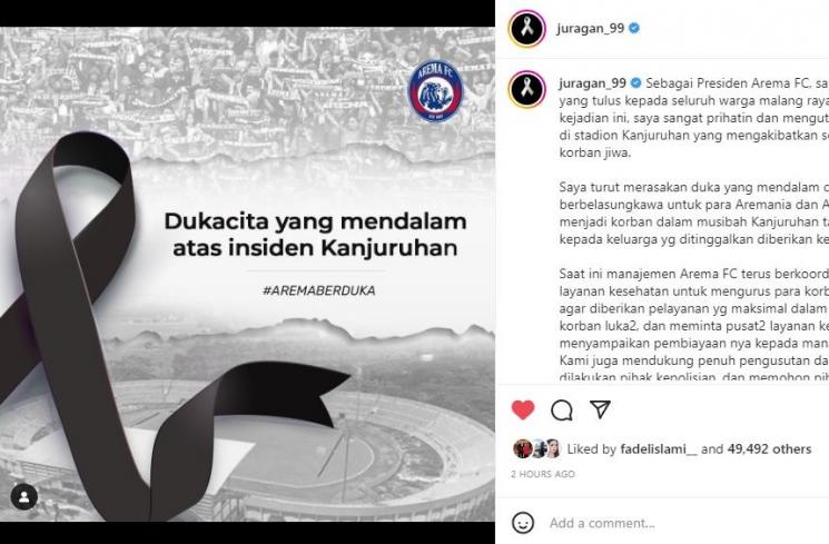 Gilang Juragan 99 Kutuk Kerusuhan di Kanjuruhan. (Instagram/juragan_99)