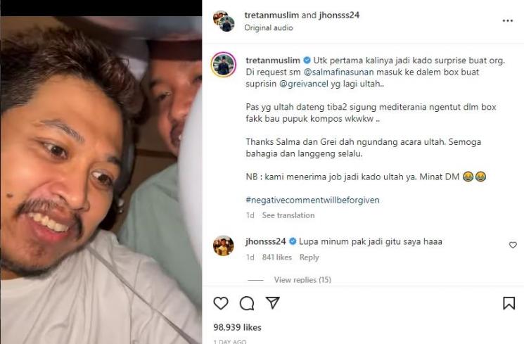 Potret Tretan Muslim dan Dustin Tiffani Jadi Kado Pacar Salmafina Sunan. (Instagram/tretanmuslim)