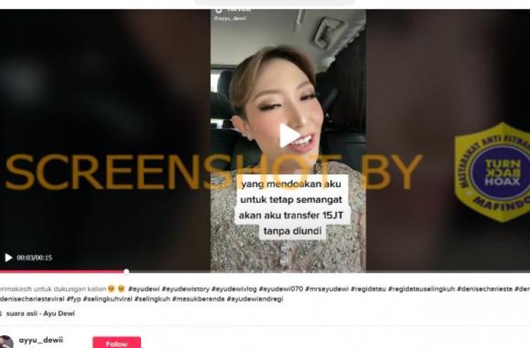 Cek Fakta Ayu Dewi Bagi-bagi Hadiah Senilai Rp15 Juta. (TikTok)