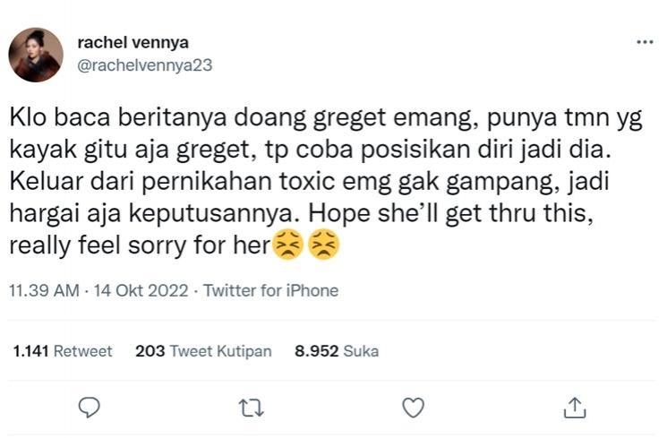 Rachel Vennya Dukung Lesti Kejora. (Twitter/rachelvennya23)