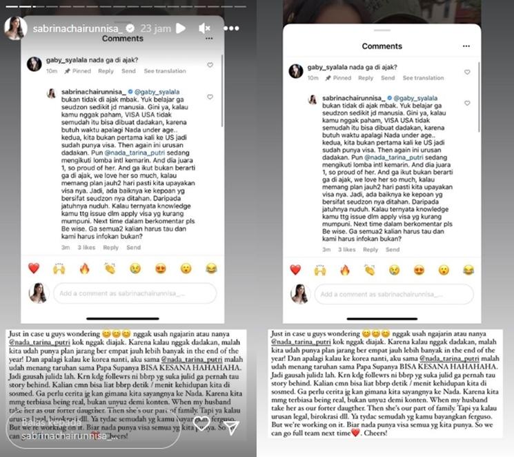 Sabrina Chairunnisa ungkap alasan Nada Tarina tak ikut ke Amerika. (Instagram/@sabrinachairunnisa_)