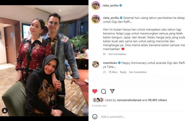 Mama Rieta rayakan ulang tahun pernikahan Nagita Slavina dan Raffi Ahmad. (Instagram/rieta_amilia)