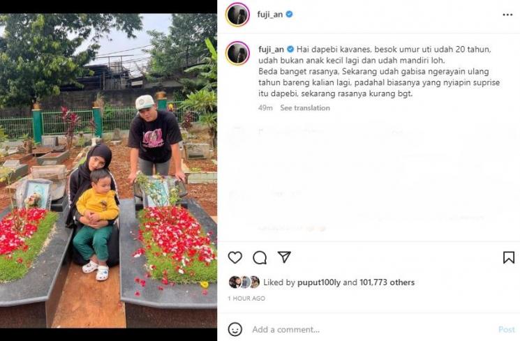 Fuji ziarah ke makam Vanessa Angel dan Bibi Ardiansyah. (Instagram/fuji_an)