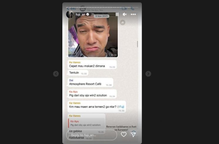 Fuji ungkap chat terakhir Vanessa Angel dan Bibi Ardiansyah. (Instagram/fuji_an)
