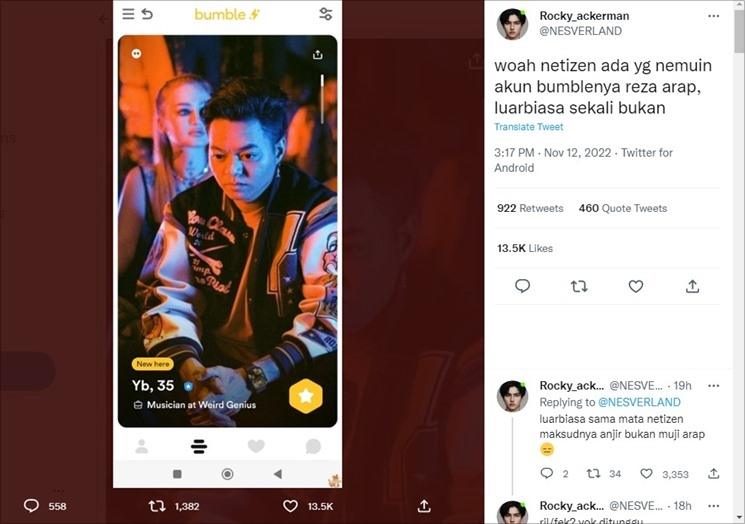 Akun aplikasi kencan diduga milik Reza Arap. (Twitter/@NESVERLAND)