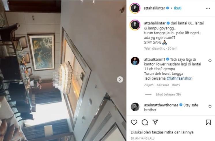 Artis Curhat Rasakan Gempa (instagram/@attahalilintar)