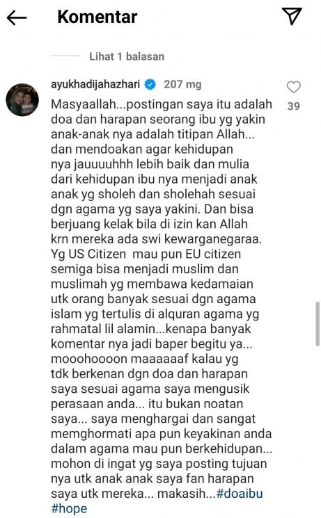 Ayu Azhari klarifikasi usai dicap jadi pengikut HTI. (Instagram/ayukhadijahazhari)