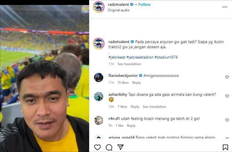 Potret Valentino Jebret Nonton Langsung Piala Dunia. (Instagram/radotvalent)