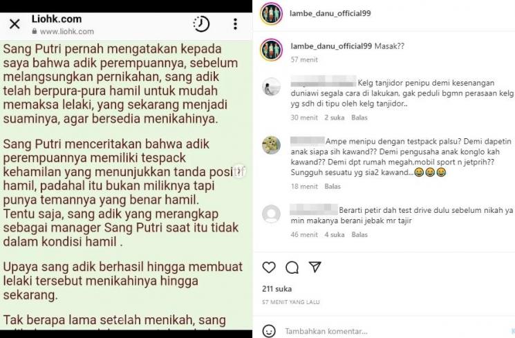 Adik Syahrini Terseret Gosip Test Pack Palsu. (Instagram/lambe_danu_official99)