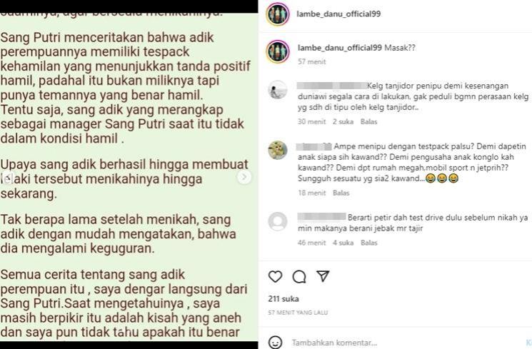 Adik Syahrini Terseret Gosip Test Pack Palsu. (Instagram/lambe_danu_official99)