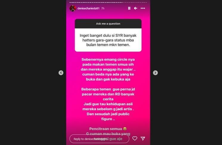 Denise Chariesta buka suara soal SYR dituduh teman makan teman. (Instagram/@denisechariesta91)